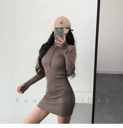 Knitted Long Sleeves Dress with Zipper Sexy Turtleneck