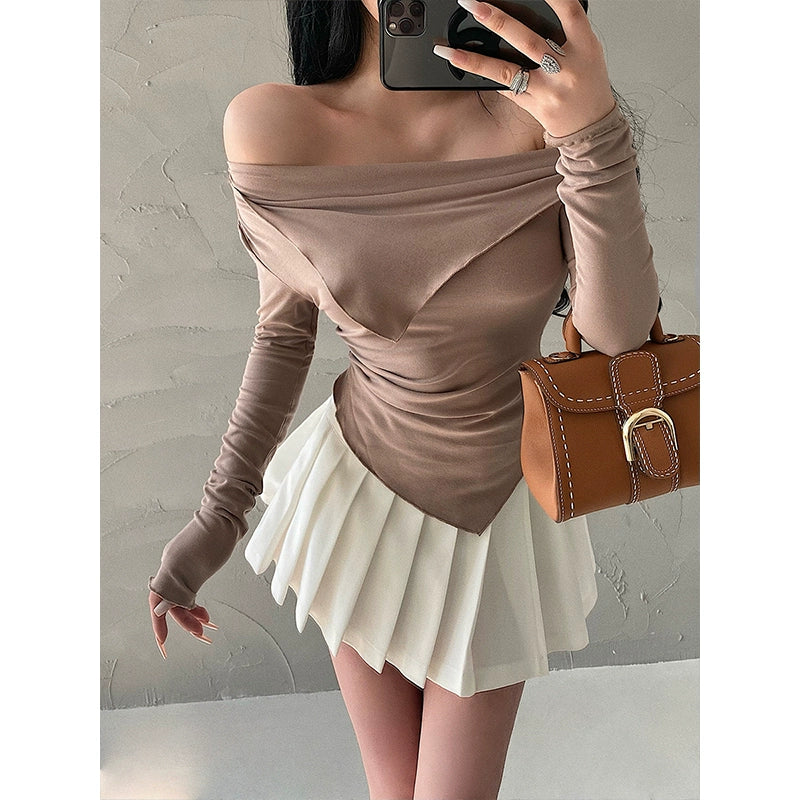 Cuffed off-Shoulder Slim Long Sleeve Top Bottoming T-shirt