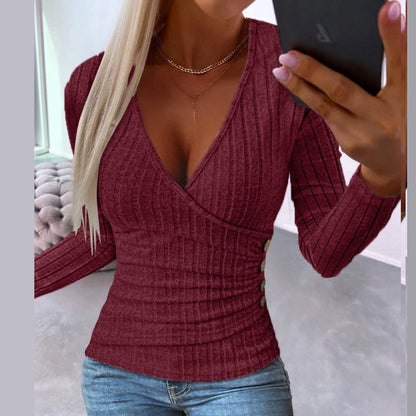 Fashion Fall and Winter Women's Clothing Deep V Sexy Silm Slimming Stripes Button Ruched Sunken Stripe Long Sleeves T-shirt Knitting Bottoming Shirt