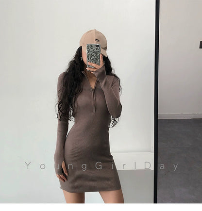 Knitted Long Sleeves Dress with Zipper Sexy Turtleneck