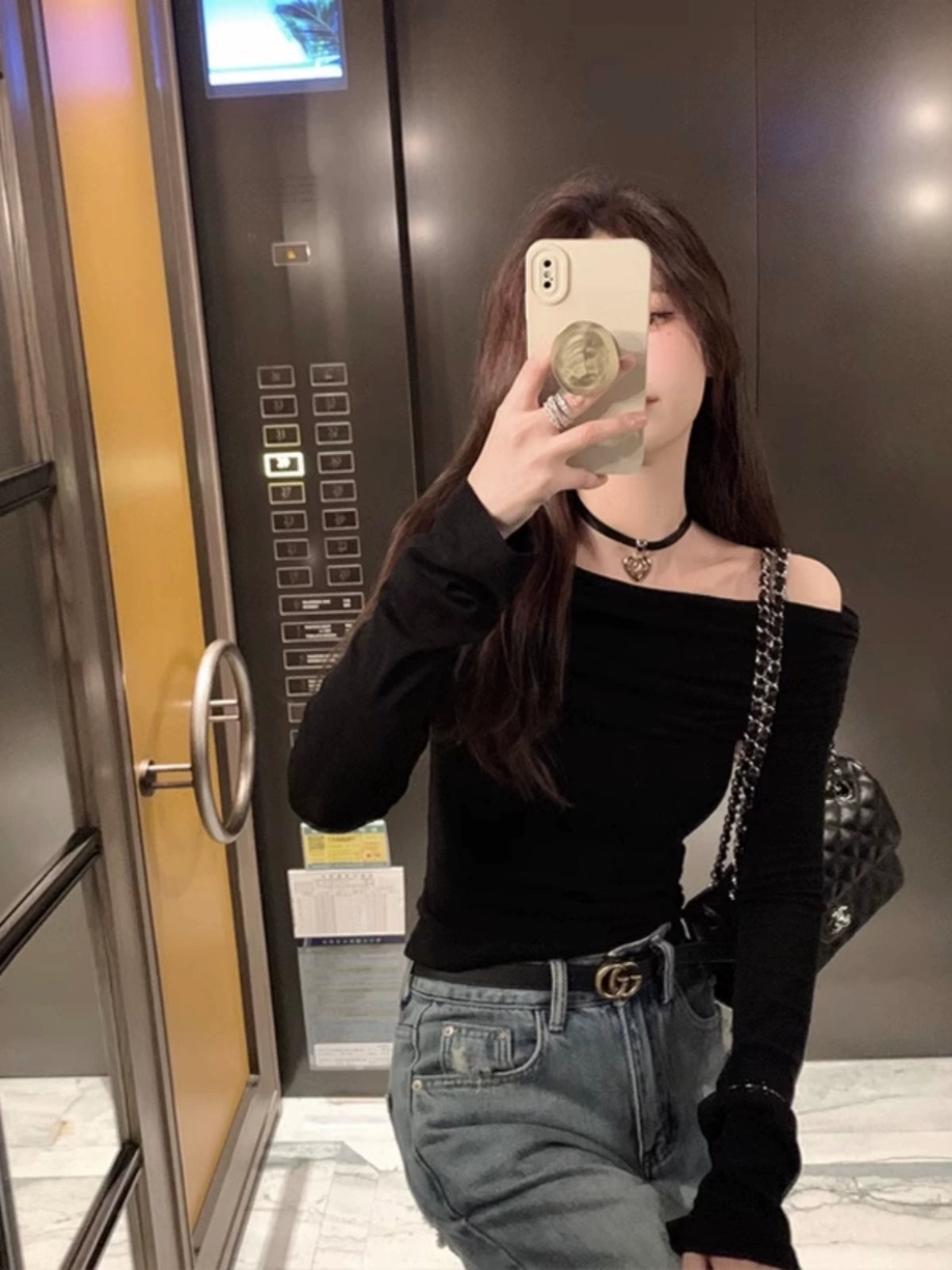 Black off-Shoulder Clavicle Early Autumn Long Sleeves T-shirt Top