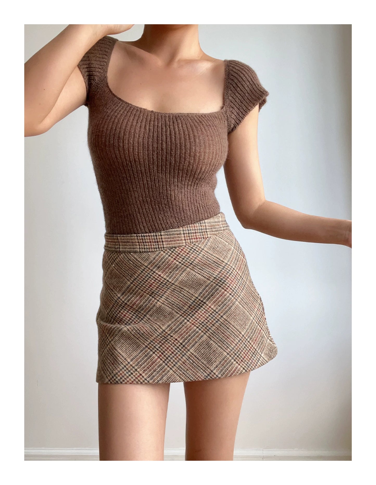 Beran Square Collar Slightly Transparent High Waist Short Sleeve Knitwear