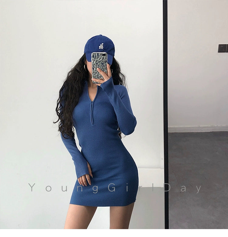 Knitted Long Sleeves Dress with Zipper Sexy Turtleneck