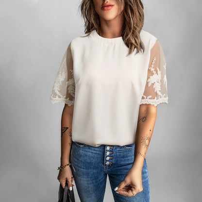 Lace Short Sleeve Tops Women Minimalist round Neck Pure Color Mesh Casual Chiffon Shirt Women