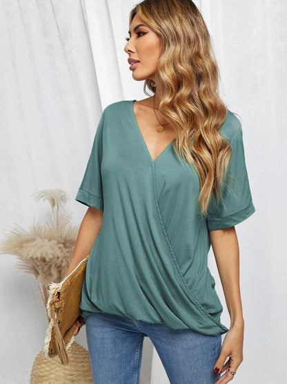 Summer New Arrival Pure Color Short-Sleeved T-shirt Female Fashion Loose Mid-Length Card V Neck Fashion Pullover T-shirt Tops