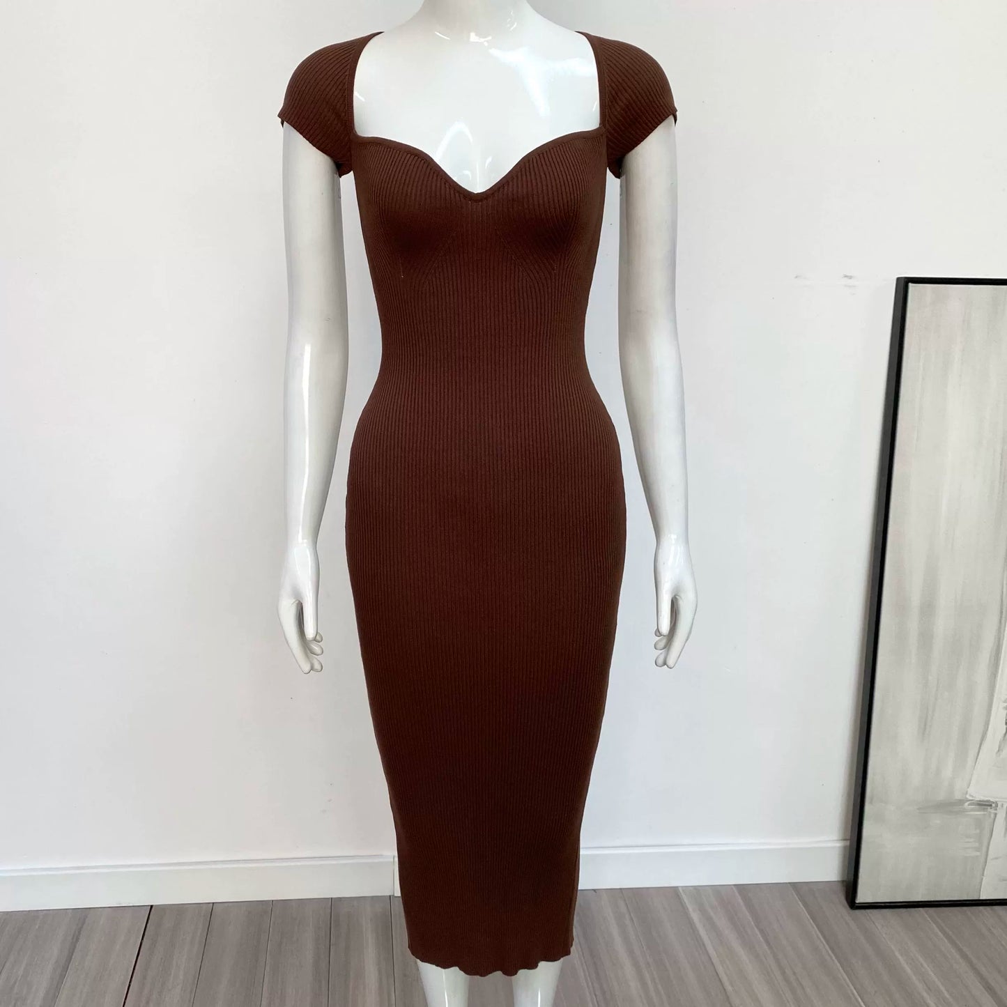 Sexy Pure Color Slim Party Dress Knitting Tube Top Elastic Mid Length Long Length Dress