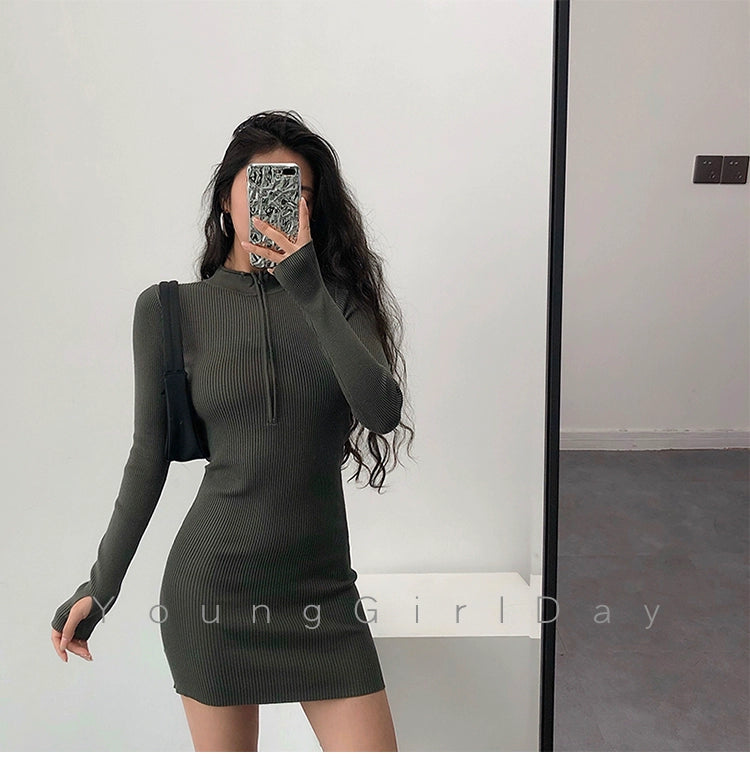 Knitted Long Sleeves Dress with Zipper Sexy Turtleneck