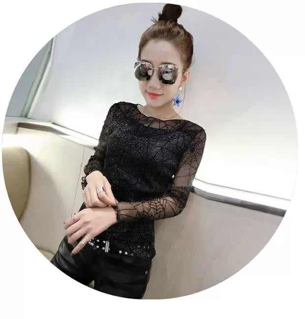 Spring and Autumn Clothing Mesh Tops Fashion Long Sleeve T-shirt