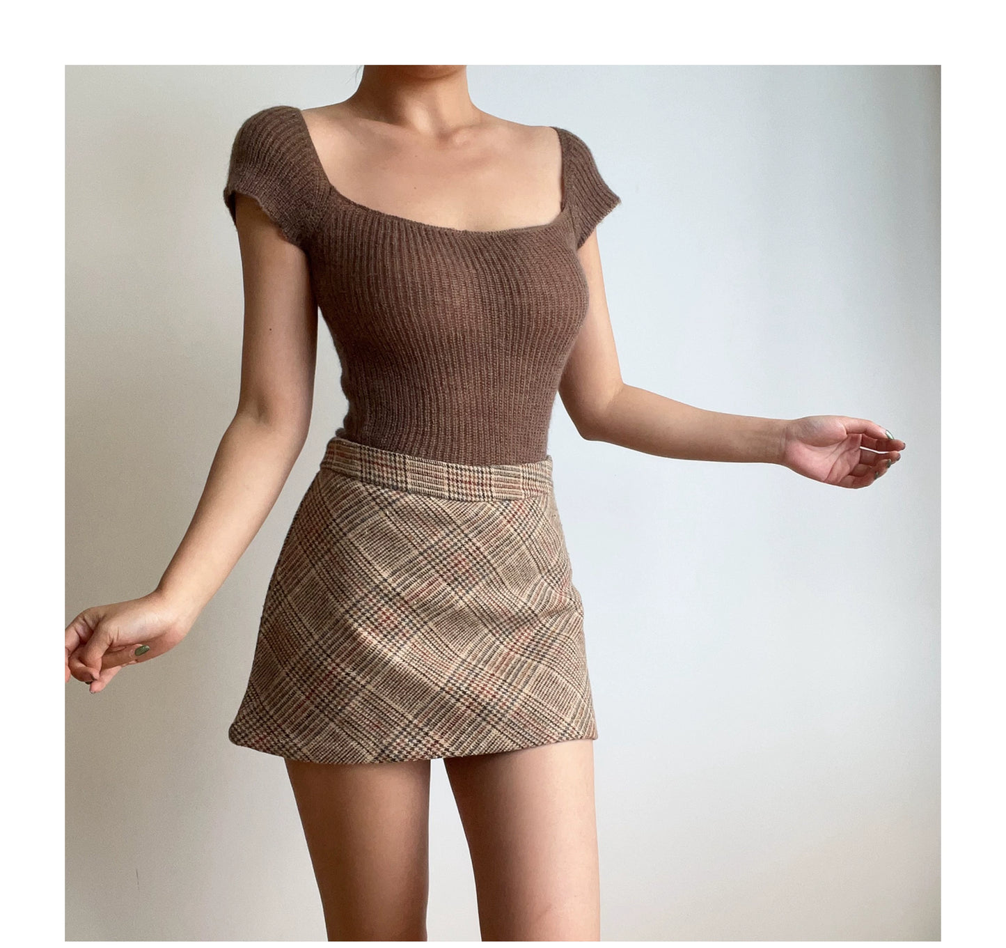 Beran Square Collar Slightly Transparent High Waist Short Sleeve Knitwear