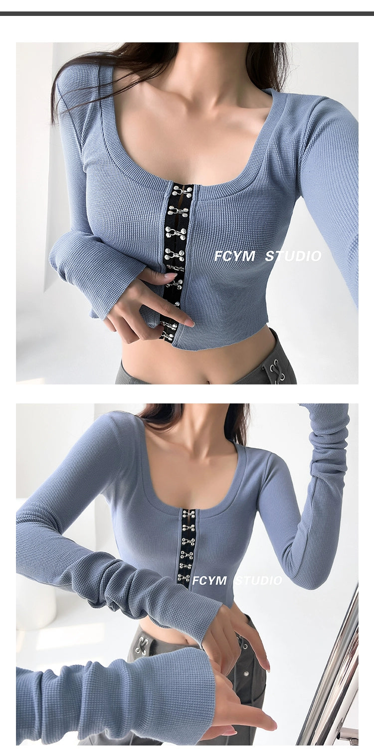 Retro Long Sleeves Butterfly Clasp Sexy Slimming Tops T-shirt