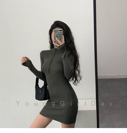 Knitted Long Sleeves Dress with Zipper Sexy Turtleneck