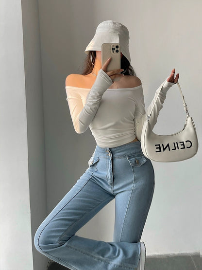 Fashion Slim Looking Pure Color U Collar Crop Top Upper Clothes Long Sleeves T-shirt