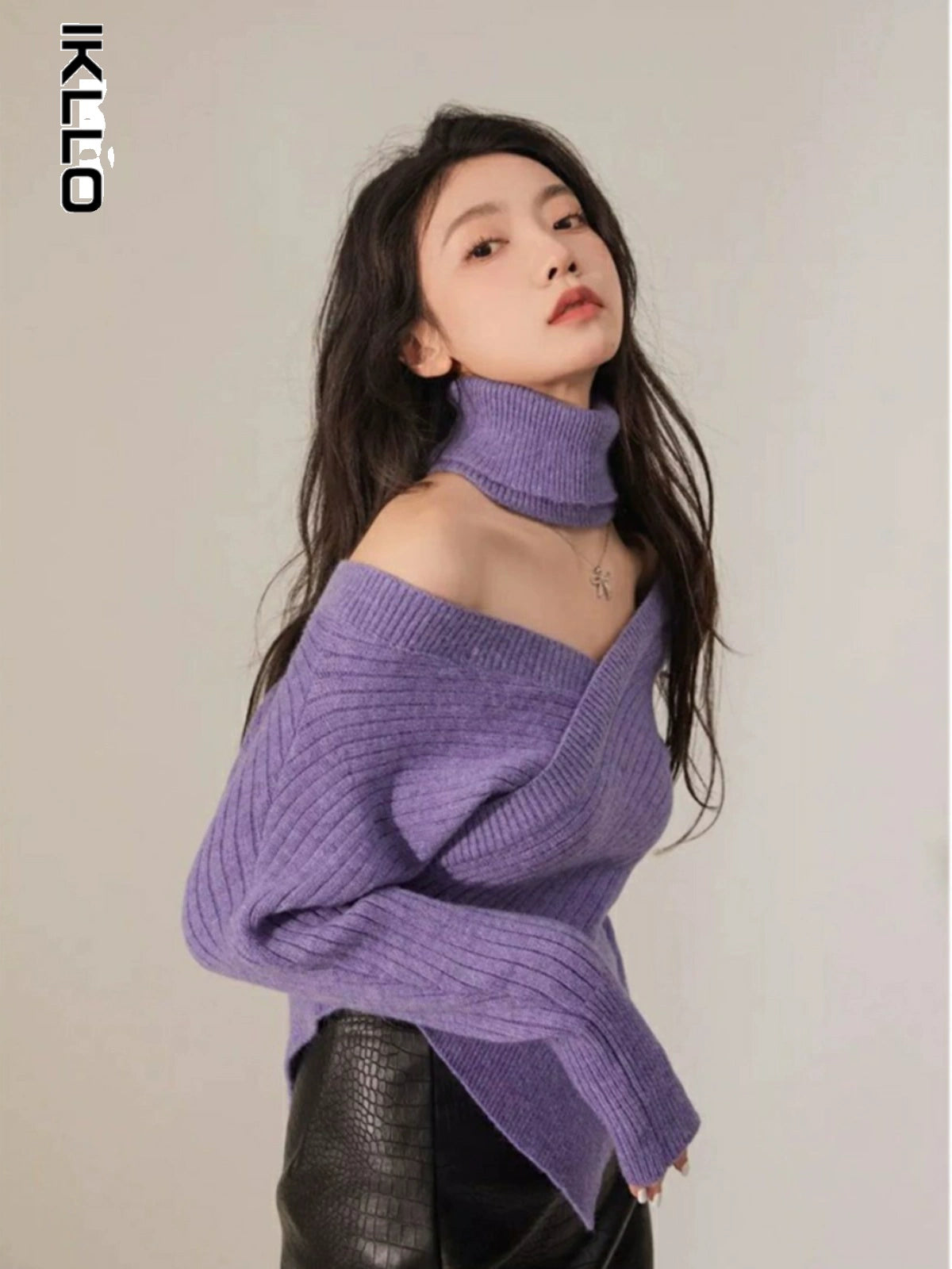 off-Shoulder Niche Style Retro Asymmetrical Purple Sweater