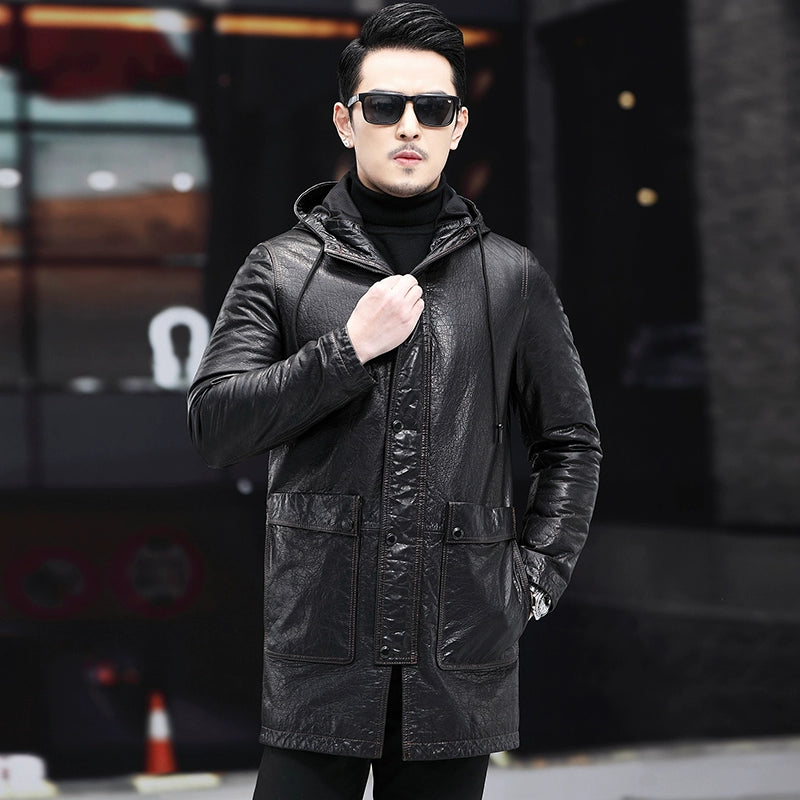 Genuine Leather Clothes Men's Hooded Mid Length Long Length Trench Coat Outwear Oil Wax First Layer Cowhide Mulberry Cotton down Jacket Large Overcoat Winter