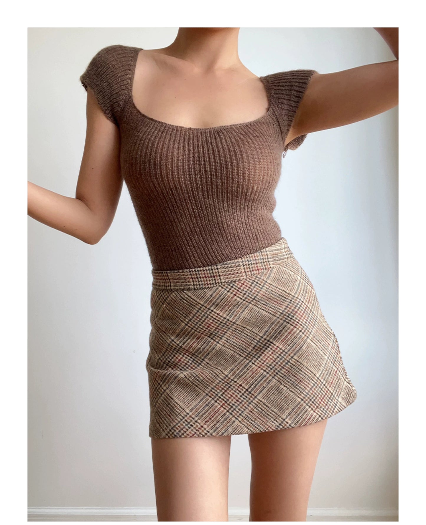 Beran Square Collar Slightly Transparent High Waist Short Sleeve Knitwear