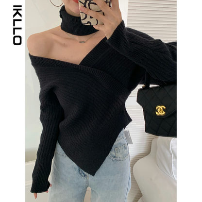 off-Shoulder Niche Style Retro Asymmetrical Purple Sweater