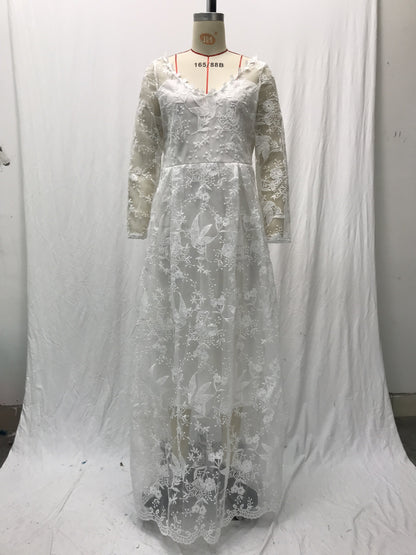 Women Long Sleeve V Neck Lace Floor-Length Bride Clothing White Fashion Party Church Formal Wear Dresses Elegant Formal Dress