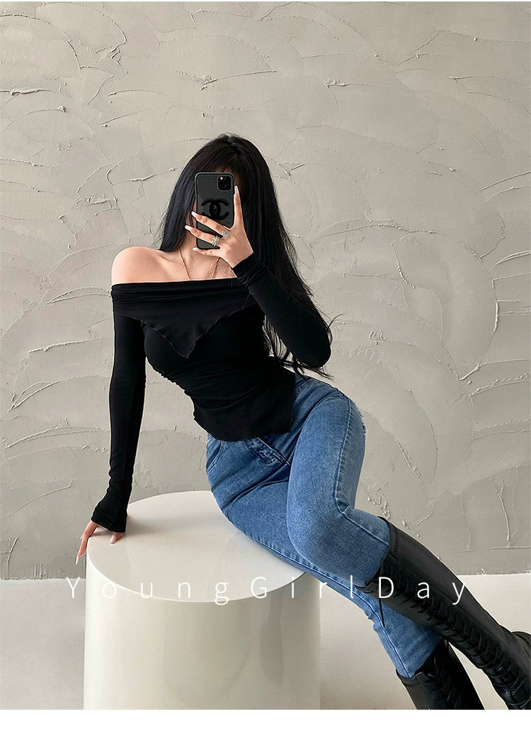 Cuffed off-Shoulder Slim Long Sleeve Top Bottoming T-shirt