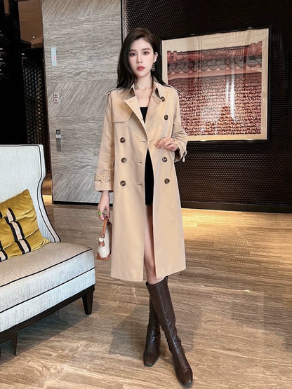 European Station Counter 2024 Spring and Autumn British Style Accessible Luxury Design Elegant Double Breasted Mid Length Long Length Trench Coat Women's Coat