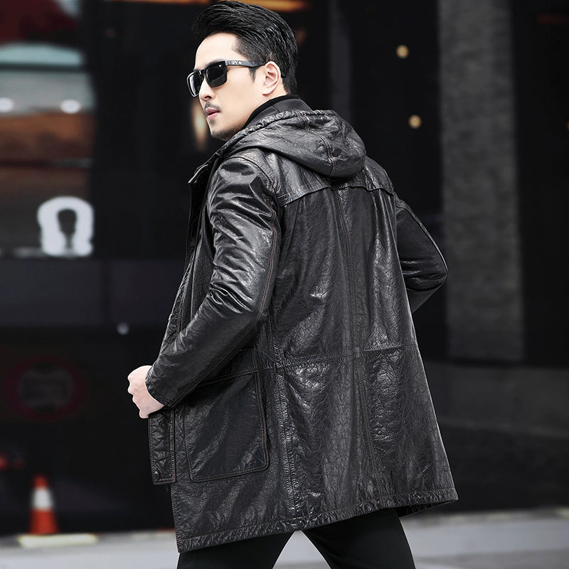 Genuine Leather Clothes Men's Hooded Mid Length Long Length Trench Coat Outwear Oil Wax First Layer Cowhide Mulberry Cotton down Jacket Large Overcoat Winter