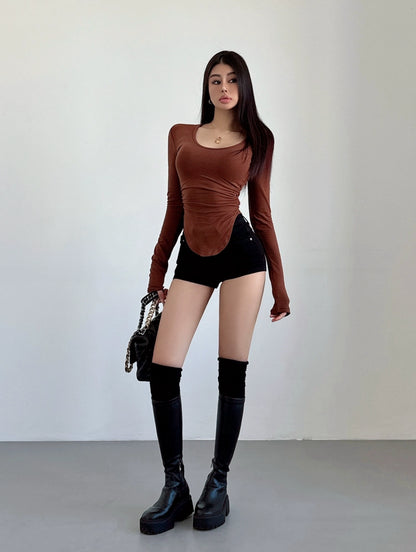 U-Neck Curved Long Sleeves Tight Waist Spring Slim-Fit Tight T-shirt