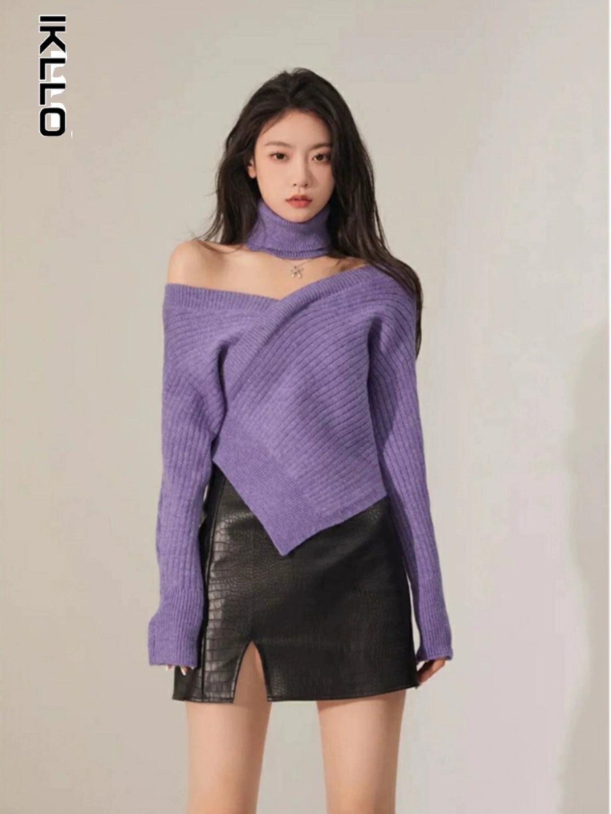 off-Shoulder Niche Style Retro Asymmetrical Purple Sweater