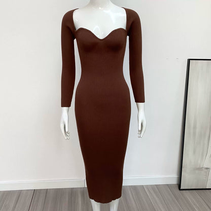 Sexy Pure Color Slim Party Dress Knitting Tube Top Elastic Mid Length Long Length Dress