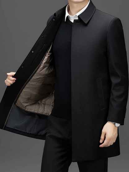 Mid Length Long Length Trench Coat Men's Winter Thickened Middle-Aged Loose Detachable down Feather Liner Dad Cadre Outwear