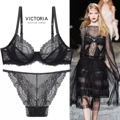 Victoria Sexy Seduction Lace Bra Set Thin Push up Women's Intimates Summer Ultra-Thin Chest