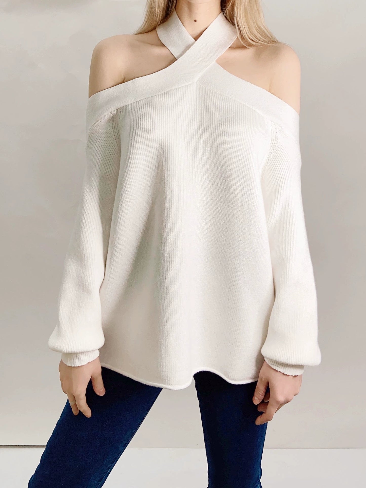 Off-the-Shoulder Fashion Cross Collar Loose Lantern Sleeve Sweater