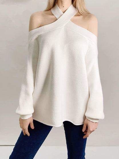 Off-the-Shoulder Fashion Cross Collar Loose Lantern Sleeve Sweater