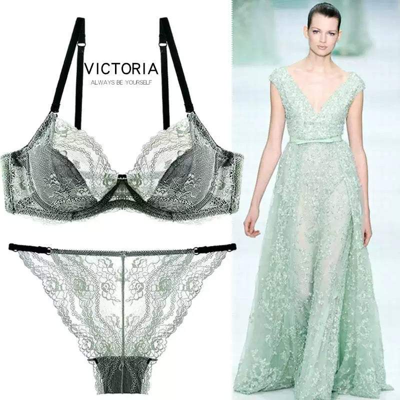 Victoria Sexy Seduction Lace Bra Set Thin Push up Women's Intimates Summer Ultra-Thin Chest