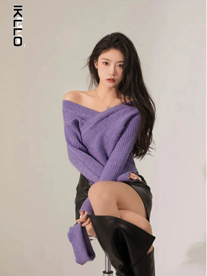 off-Shoulder Niche Style Retro Asymmetrical Purple Sweater