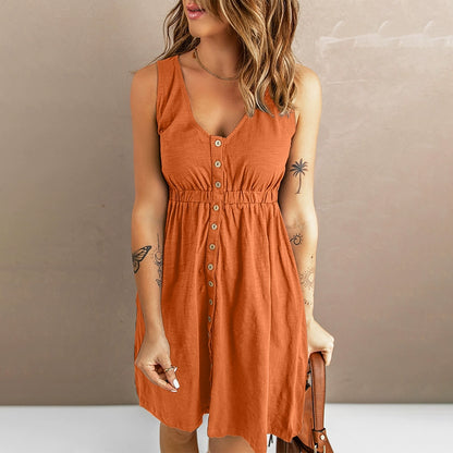 Summer New Arrival Niche Style Front Row Buttons Sleeveless Dress