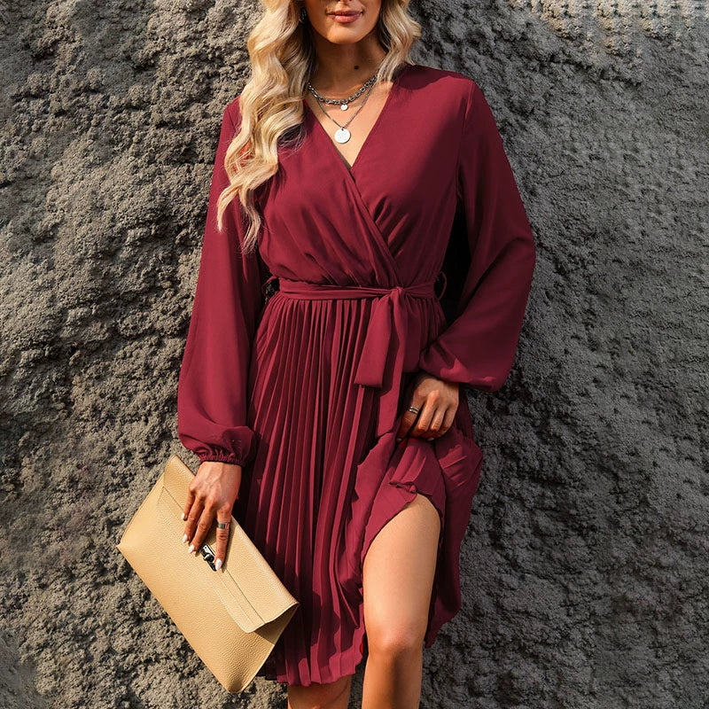 Pure Color Long Sleeves Thin Dress Women Fashion Fashion High Waist Lace up Casual Wind Knee-Length Skirt Women