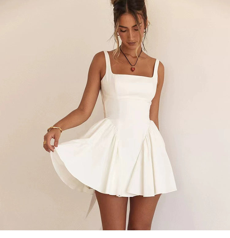 Retro Court Pure Color Backless Waist Trimming Dress Young Adult Heart Butterfly Strap Design Short Skirt for Women