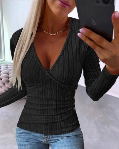 Fashion Fall and Winter Women's Clothing Deep V Sexy Silm Slimming Stripes Button Ruched Sunken Stripe Long Sleeves T-shirt Knitting Bottoming Shirt