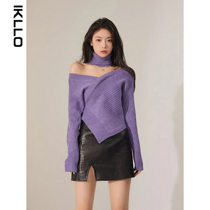 off-Shoulder Niche Style Retro Asymmetrical Purple Sweater