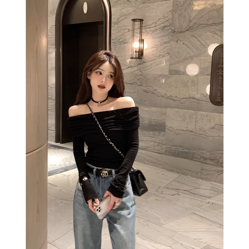 Black off-Shoulder Clavicle Early Autumn Long Sleeves T-shirt Top