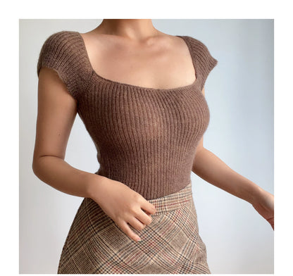 Beran Square Collar Slightly Transparent High Waist Short Sleeve Knitwear