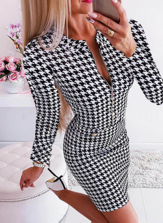 Spring New Slim Looking Houndstooth Slim-Fit Dress