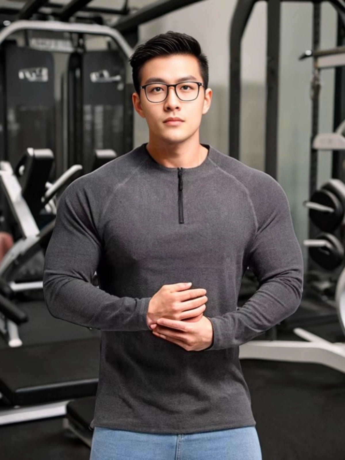 Winter American Style Workout Clothes Large round Neck Half Zipper Sports Long Sleeves T-shirt Men's Stretch Dralon Heattech Undershirt