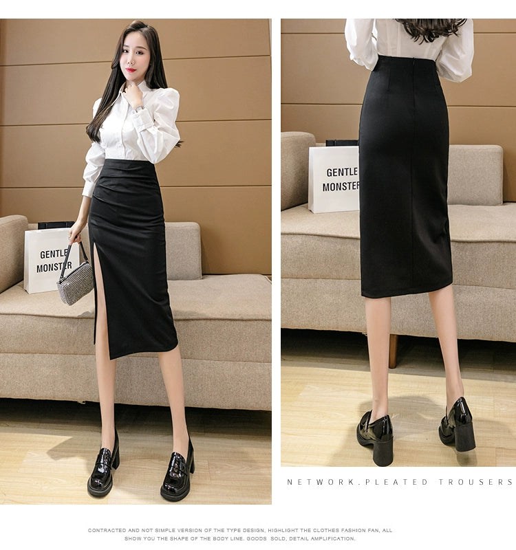 Irregular Slit Mid Length Long Length Spring Pleated Skirt