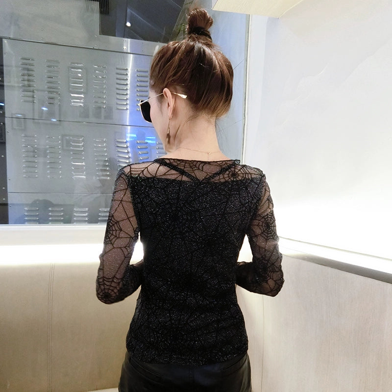 Spring and Autumn Clothing Mesh Tops Fashion Long Sleeve T-shirt