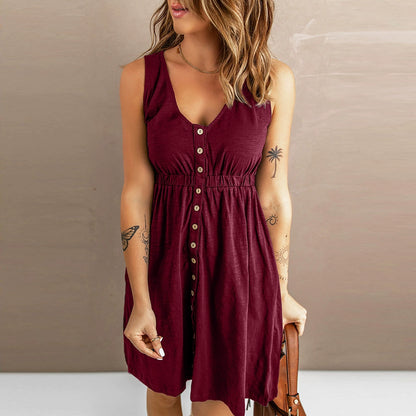 Summer New Arrival Niche Style Front Row Buttons Sleeveless Dress