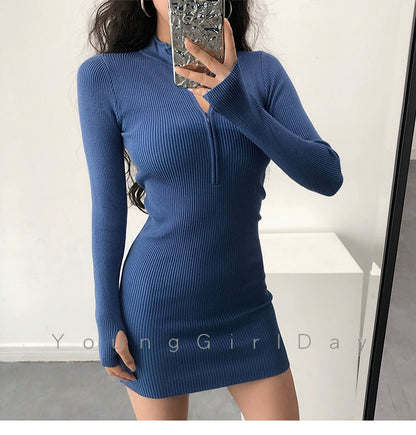 Knitted Long Sleeves Dress with Zipper Sexy Turtleneck