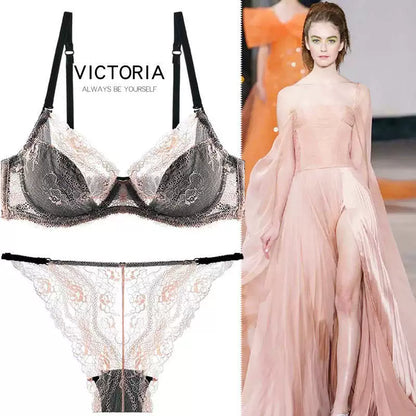 Victoria Sexy Seduction Lace Bra Set Thin Push up Women's Intimates Summer Ultra-Thin Chest