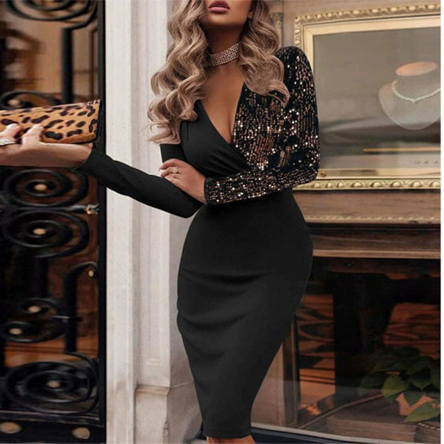 Deep V Sequin Long Sleeve Hip Dress Work Clothing Deep V Sequined Long Sleeve Narrow Long Dress for Women