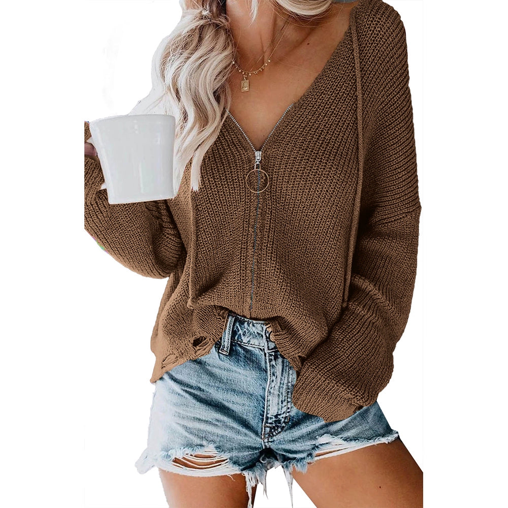 Fashion Thin Long Sleeves Knitwear Female Cardigan Solid Color and V-neck Black Zipper Hooded Jacket Female