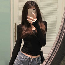 Black Slim-Fit Crop-Top Early Spring Long Sleeve T-Shirt